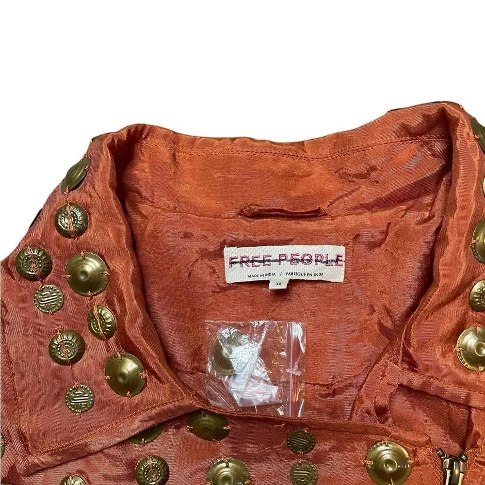 NWOT FREE PEOPLE Chelsea Coin Moto Jacket Orange/Gold Size XS